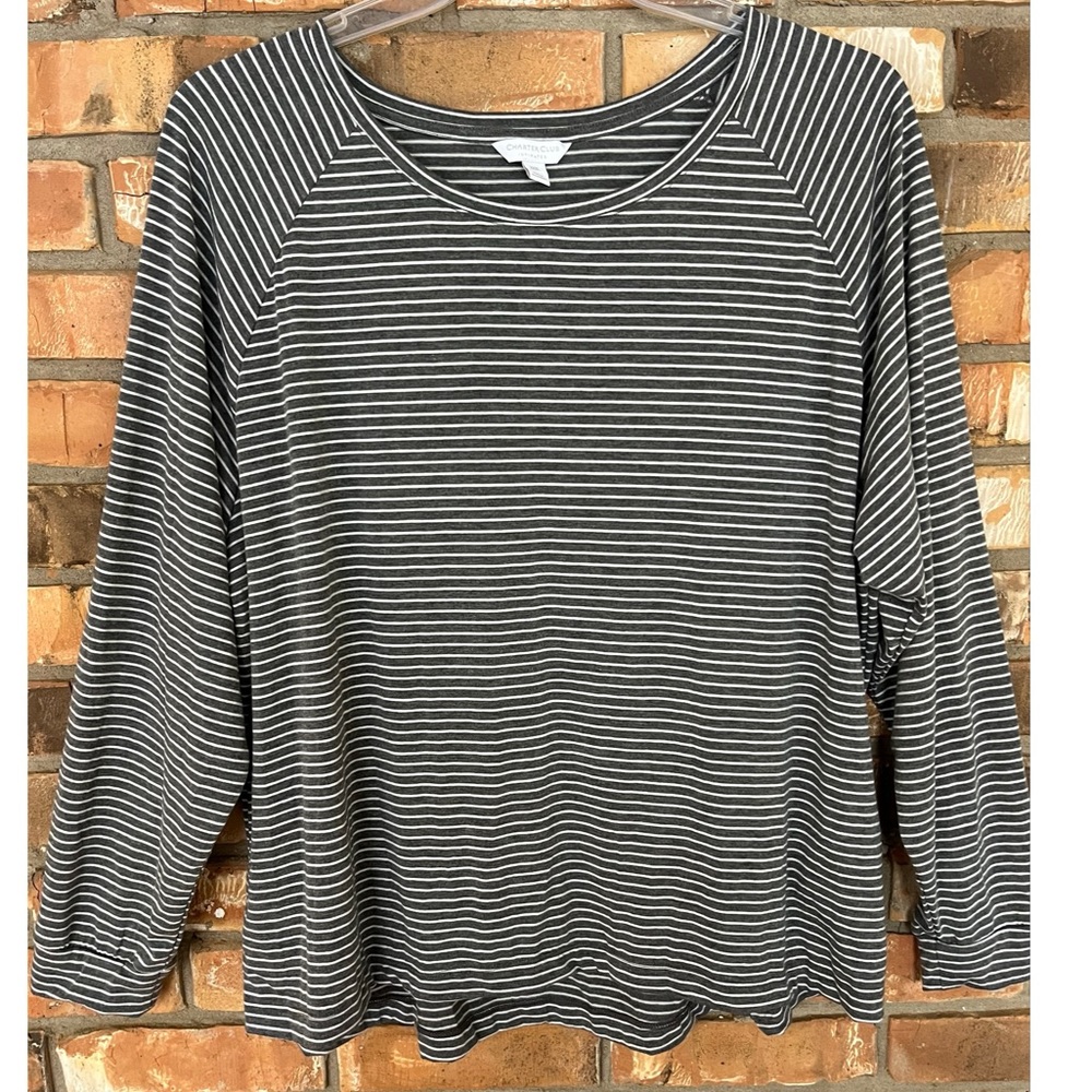 Charter Club Intimates Gray and White Striped Long Sleeve Loungewear Top XXXL